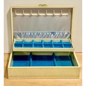 Vintage Cream Mele Jewelry Box, Blue Velvet Pop Up Two Tier Case Mid Century